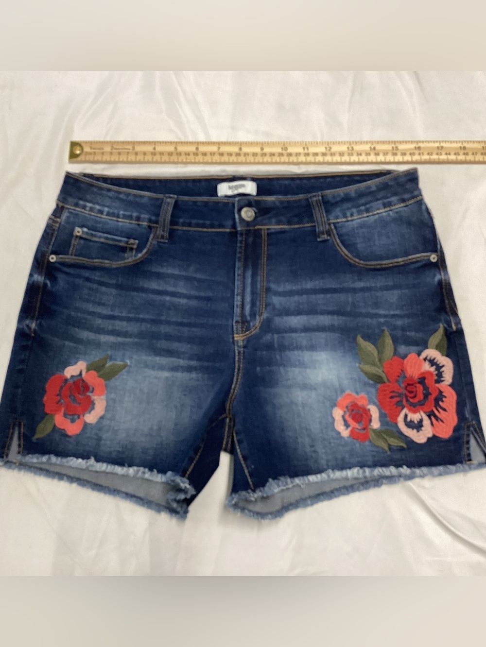 Kensie Dark Blue Denim Shorts with Red & Pink Floral Embroidery